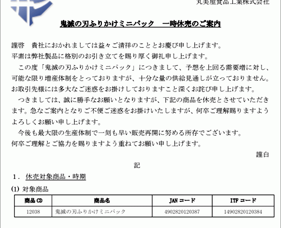 丸美屋「鬼滅の刃ふりかけ」休売になりました(2021年3月12日)